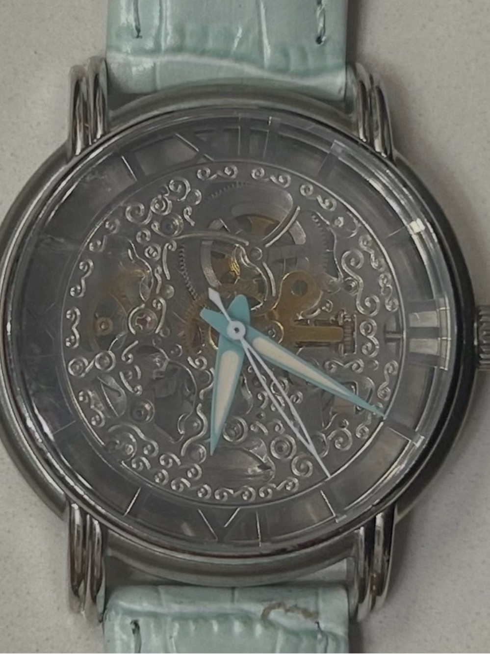 Jean Marcel Automatic Skeleton Watch Blue Leather Strap Exhibition Back